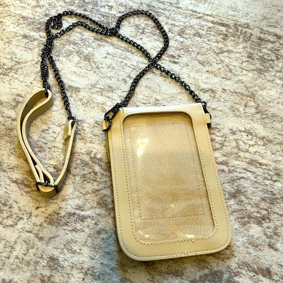 Lori Greiner in cream Save The Girls Crossbody Cell Touch Access Phone Bag NWOT - Picture 5 of 6